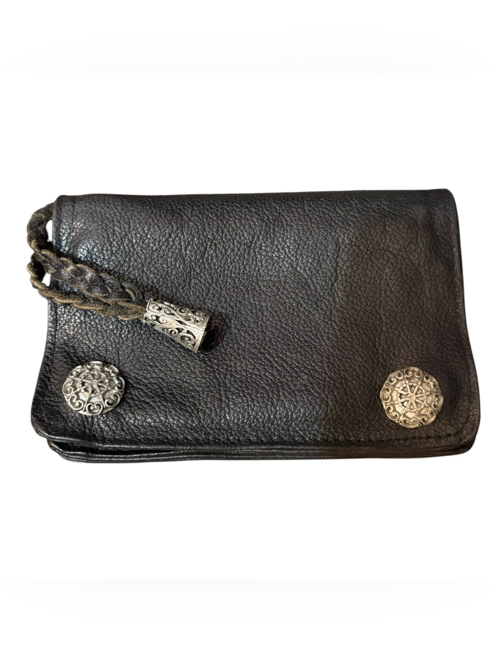 JILL STUART Black Leather Clutch with Silver Medallion Hardware